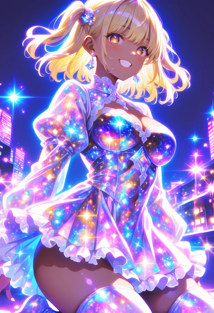 score_9, score_8_up, score_7_up, source_anime, masterpiece, best quality, perfect anatomy, very aesthetic, ((outlined outlined vector graphics)),no norm,
, cute face, (glow eyes:0.8), 1girl, outdoors wind, city,
20yo, (large breast:1.2), orange eyes, (blonde hair:1.3),long hair, (two side up:1.1), (dark skin:1.6), dark skin girl, (tall:1.2), (abs:0.7),bangs, ,solo, glittering, glowing, simple background, pov , looking at viewer , grin, __nomal_mouth__,
, looking at viewer, blush, short hair, bangs, thighhighs, long sleeves, dress, jewelry, medium breasts, cowboy shot, earrings, puffy sleeves, colorful, colorful milkyway outfit, happy, milkyway outfit,,milkyway hair, milkyway eyes , blue dress, kneeling , , , <lora:milkyway-outfit-01:1.0>