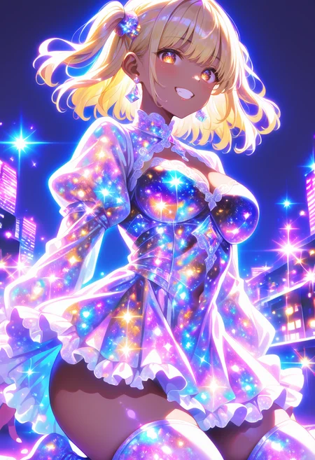 score_9, score_8_up, score_7_up, source_anime, masterpiece, best quality, perfect anatomy, very aesthetic, ((outlined outlined vector graphics)),no norm,
, cute face, (glow eyes:0.8), 1girl,   outdoors wind, city,
20yo, (large breast:1.2), orange eyes, (blonde hair:1.3),long hair, (two side up:1.1), (dark skin:1.6), dark skin girl, (tall:1.2), (abs:0.7),bangs, ,solo, glittering, glowing, simple background,   pov ,  looking at viewer , grin, __nomal_mouth__,
, looking at viewer, blush, short hair, bangs, thighhighs, long sleeves, dress, jewelry, medium breasts, cowboy shot, earrings, puffy sleeves, colorful, colorful milkyway outfit, happy, milkyway outfit,,milkyway hair, milkyway eyes , blue  dress,   kneeling ,  ,  ,  <lora:milkyway-outfit-01:1.0>