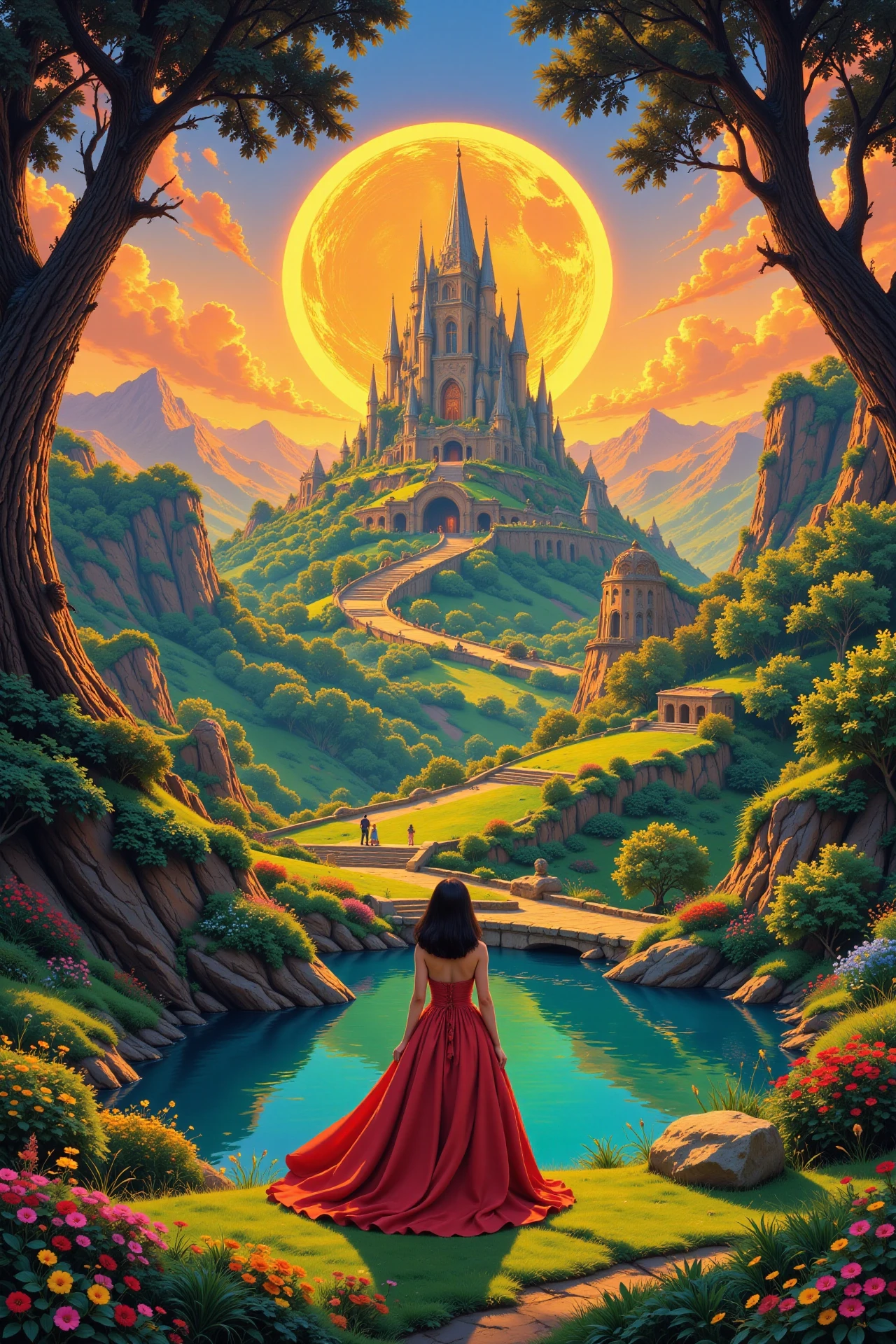 Xanadu magical kingdom beautiful  landscape, golden hour, woman, very intricate, very detailed, sharp, bright, colorful, <lora:Hand v2:0.5> <lora:Anti-Blur:1><lora:Insane Detail Slider:0.25>  <lora:flux.1_lora_flyway_Epic-detail_v2:0.3> <lora:fluxenhancer:0.25> <lora:Anime_style:0.6> anime style