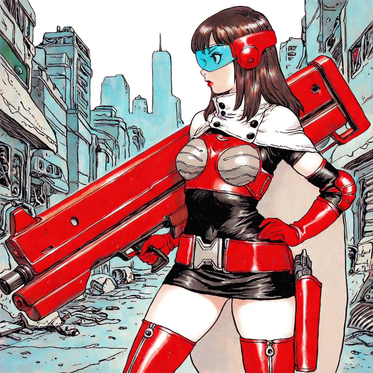 best quality,amazing quality, masterpiece, rakugakingu, traditional media, SMTHEROI, 1girl, medium hair, ((solo)), long hair, straight hair, brown hair, blue visor, red lipstick, red neck armor, (white short cape, blue tape trim, buttons), (red breastplate, ((((grey breast pads))))), black camisole dress, short black sleeves, elbow gloves, grey elbow pads, red belt, holster, (red thigh boots, zipper), grey kneepads, upper body, blue visor, science fiction, ruined cityscape, side view, from the side, huge beam rifle, holding huge beam rifle
