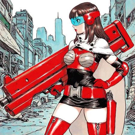 best quality,amazing quality, masterpiece, rakugakingu, traditional media, SMTHEROI, 1girl, medium hair, ((solo)), long hair, straight hair, brown hair, blue visor, red lipstick, red neck armor, (white short cape, blue tape trim, buttons), (red breastplate, ((((grey breast pads))))), black camisole dress, short black sleeves, elbow gloves, grey elbow pads, red belt, holster, (red thigh boots, zipper), grey kneepads, upper body, blue visor, science fiction, ruined cityscape, side view, from the side, huge beam rifle, holding huge beam rifle