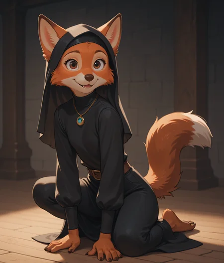 eye_focus, MarianC, (ON_MODEL:1.1), fox girl, smooth shaded, paws, feet, tail, brown eyes, brown nose, extremely realistic, dynamic lighting, masterpiece, very aesthetic, highly detailed, black outfit, kneeling.