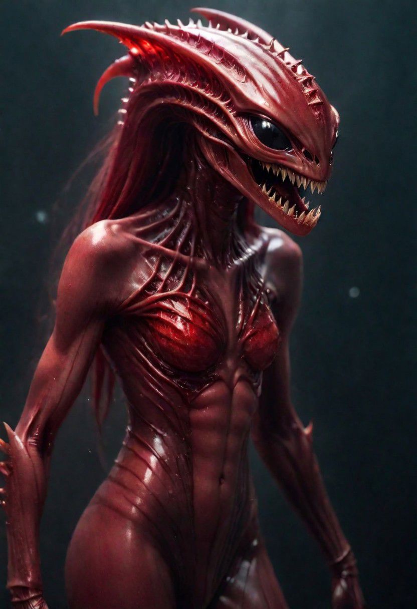 medium shot, sexy korean alien woman, kpop,( red gelatine translucid body:1. 5),k-pop, hot, (busty:0.5), jaws, teeth, sexy, erotic, surreal, head, long, creature, body, tail, mouth,  simple background, (masterpiece:1.0), (best quality:1.0), beautiful, (intricate details), unity 8k wallpaper, ultra detailed, flash photography lighting