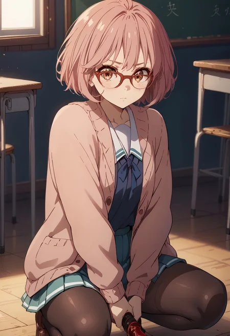 score_9, score_8_up, score_7_up, source_anime, thiccwithaq, EGirlMakeup, mirai kuriyama, short hair, brown eyes, glasses, pink hair, red-framed eyewear, skirt, school uniform, pantyhose, pleated skirt, serafuku, black pantyhose, cardigan, open cardigan, holding blood sword, giant_long_sword, crouching, holding sword over head, classroom background