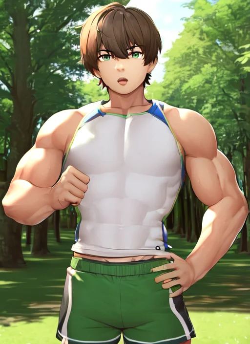 1boy, anatomy, upper body, solo, man, head, outdoors, shorts, fists, green eyes