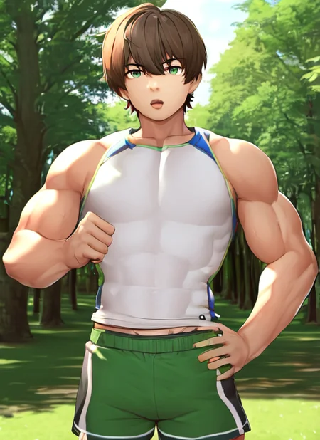 1boy,   anatomy, upper body, solo,  man, head, outdoors, shorts, fists, green eyes