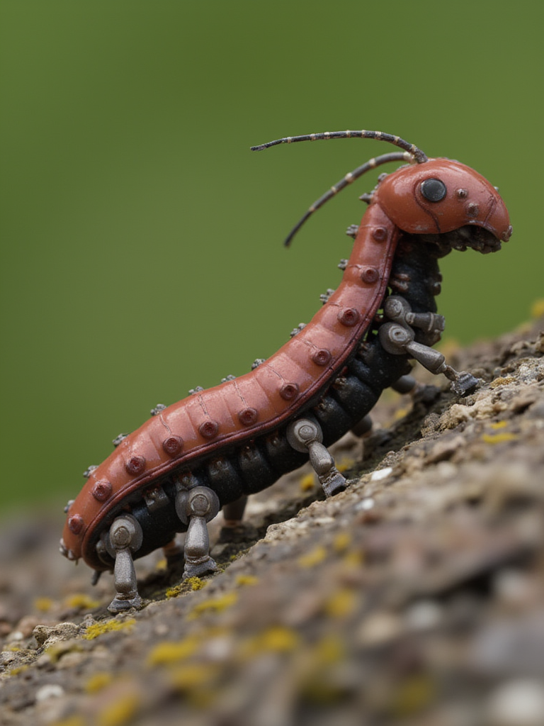 w1z_m4ch1n4. microscopic close-up of a mechanical saddleback caterpillar robot
