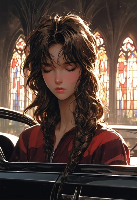 The woman's head is in profile, with her eyes closed and her lips slightly parted. masterpiece, retro style, art by Sergio Lopez , Natalie Shau, James Jean and Salvador Dali, Bright headlights of a car cutting through the daylight of a rural road, creating a sense of tension., A cathedral with stained-glass windows, long rows of pebbles, and sunlight streaming through the windows., True rendering, Studio-grade, Detailed shading, Enhanced, zPDXLpg, detailxl, zPDXLrl, ZIP2D, zPDXL, <lora:Fant5yP0ny:0.6> <lora:Pony_DetailV2.0:1>