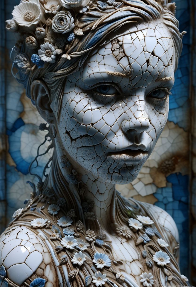 Close-up porcelain face, mysterious silhouette of a porcelain woman in worn down porcelain clothing, white and blue porcelain, alluring goddess, by Minjae Lee, Carne Griffiths, Emily Kell, Steve McCurry, Geoffroy Thoorens, Aaron Horkey, Jordan Grimmer, Greg Rutkowski, amazing depth, double exposure, surreal, geometric patterns, intricately detailed, bokeh,  perfect balanced, deep fine borders, artistic photorealism , smooth,  great masterwork by Suiras  <lora:add-detail-xl:2>  <lora:Double_Exposure:0.5>