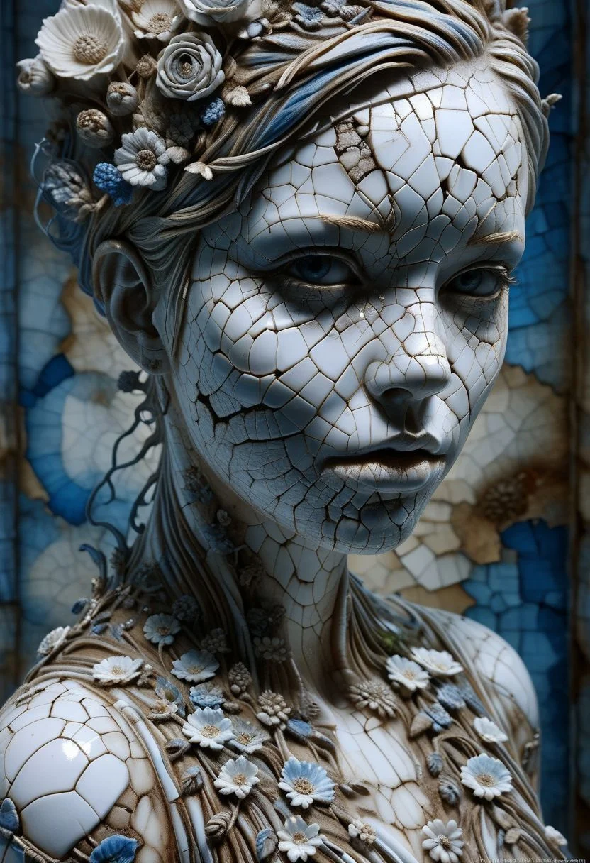 Close-up porcelain face, mysterious silhouette of a porcelain woman in worn down porcelain clothing, white and blue porcelain, alluring goddess, by Minjae Lee, Carne Griffiths, Emily Kell, Steve McCurry, Geoffroy Thoorens, Aaron Horkey, Jordan Grimmer, Greg Rutkowski, amazing depth, double exposure, surreal, geometric patterns, intricately detailed, bokeh, perfect balanced, deep fine borders, artistic photorealism , smooth, great masterwork by Suiras <lora:add-detail-xl:2> <lora:Double_Exposure:0.5>