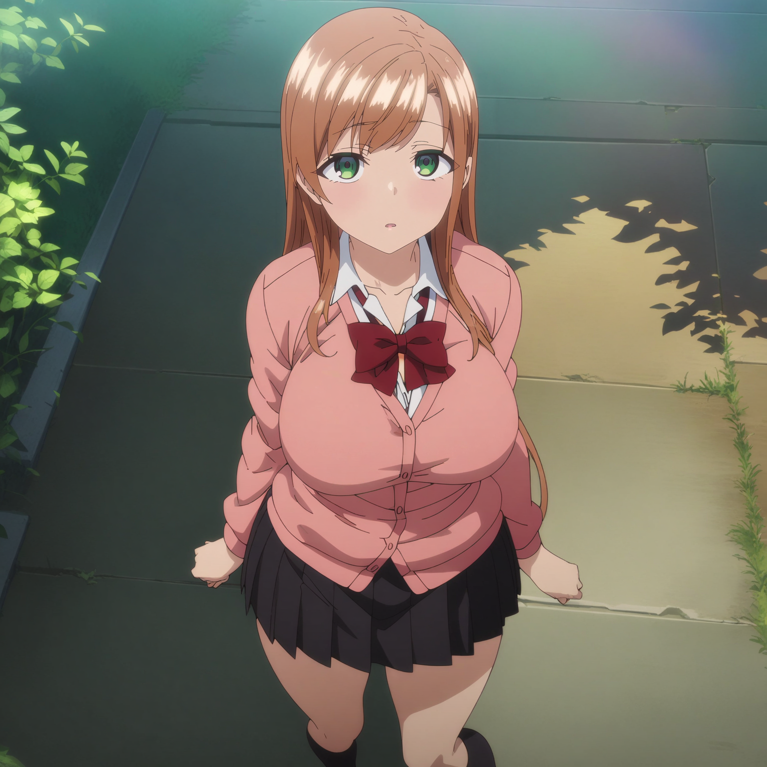 <lora:MinakoSanadaXL001>,<lora:bold-16oa:-0.3>,
masterpiece,best quality,ultra-detailed:1.5,8K,best illustration,very aesthetic,absurdres,anime screencap,official art,
looking at viewer,
solo,
MinakoSanada,1girl,brown hair,long hair,green eyes,
large breasts,
white shirt,red bowtie,pink cardigan,long sleeves,
pleated_skirt,black skirt,
thigh,black socks,
outdoors,
full body,standing,