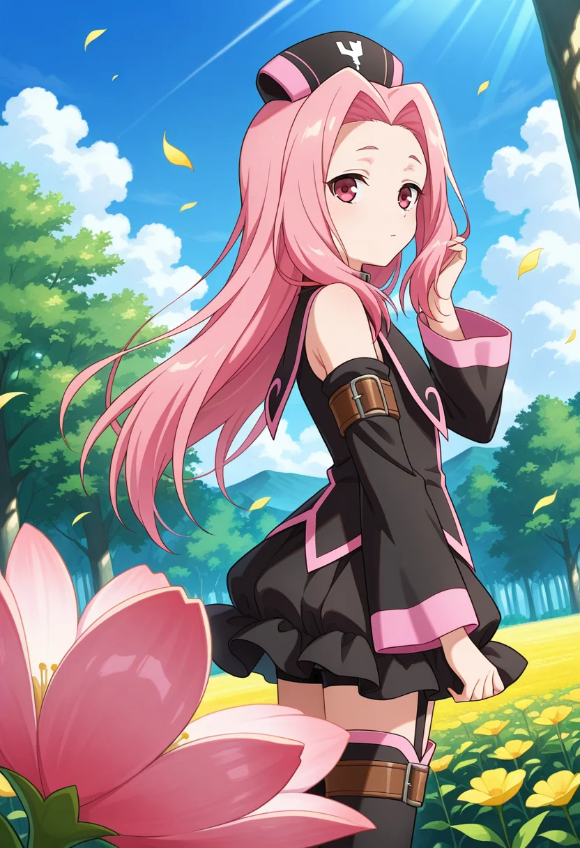 BREAK,
hand on hair, emotionless, looking sideways,
cowboy shot, dynamic angle, close up, from side,
BREAK,
<lora:arietta_illustriousXL_v04:0.95>
ariettadef, pink hair, pink eyes, very long hair, parted hair, black headwear,
zettai ryouiki, detached sleeves, frills, black dress,
garter straps, thighhighs, thigh boots,
BREAK,, source_anime, very aesthetic, anime coloring, masterpiece,
best quality, amazing quality, ultra detailed, very aesthetic,
detailed background,
BREAK,, forest, flowers, clouds, day, floating leaves,