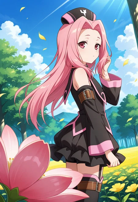BREAK,
hand on hair, emotionless, looking sideways,
cowboy shot, dynamic angle, close up, from side,
BREAK,
<lora:arietta_illustriousXL_v04:0.95>
ariettadef, pink hair, pink eyes, very long hair, parted hair, black headwear,
zettai ryouiki, detached sleeves, frills, black dress,
garter straps, thighhighs, thigh boots,
BREAK,, source_anime, very aesthetic, anime coloring, masterpiece,
best quality, amazing quality, ultra detailed, very aesthetic,
detailed background,
BREAK,, forest, flowers, clouds, day, floating leaves,