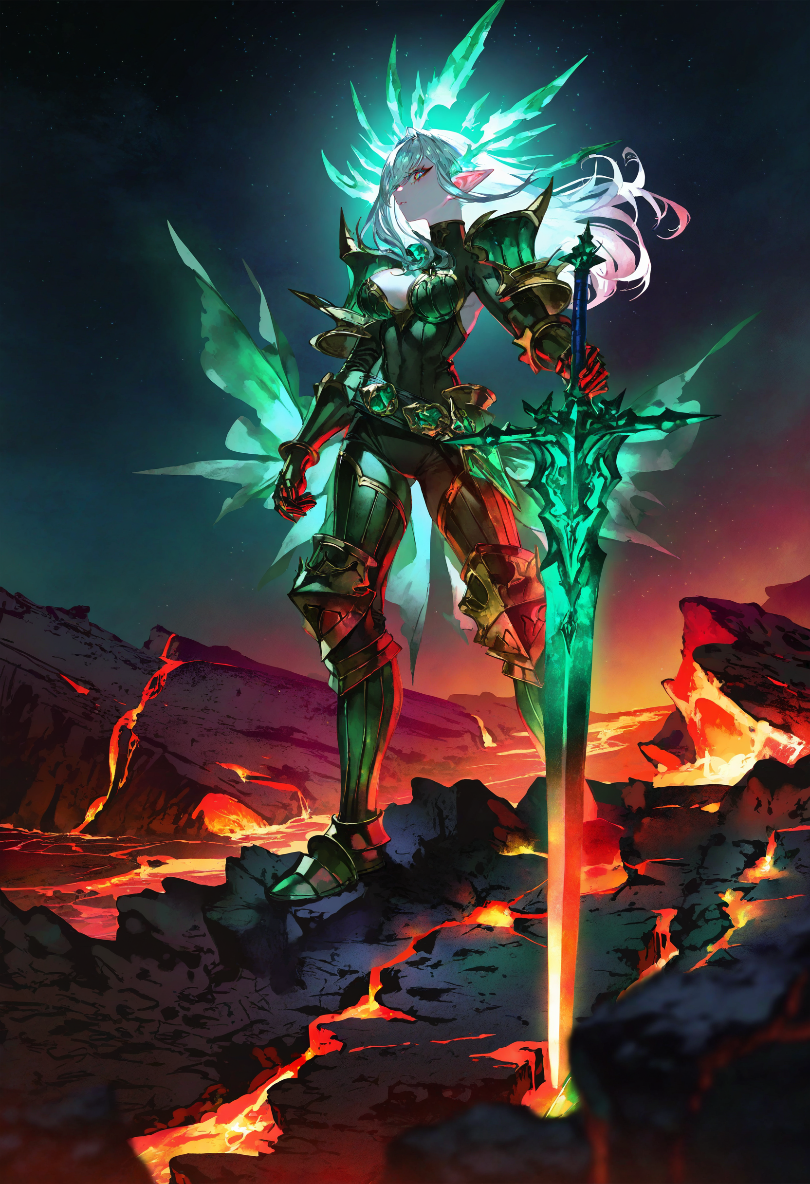 artist:[diyokama|yoneyama mai|lam \(ramdayo\)|quasarcake], granblue fantasy,
1girl, knight, muscular, pointy ears, [pearl:emerald:0.5], sword, dazzling, armored, shoulder armor, white hair, kintsugi, bags under eyes, standing, 
[|green gemstone:10], bright inner glow, iridescent, ultraviolet light, outdoors, scenery, night sky, lava, backlighting, high contrast,
masterpiece, best quality, very awa, absurdres
<lora:noobai_vpred_1_green_emerald_v1:1>