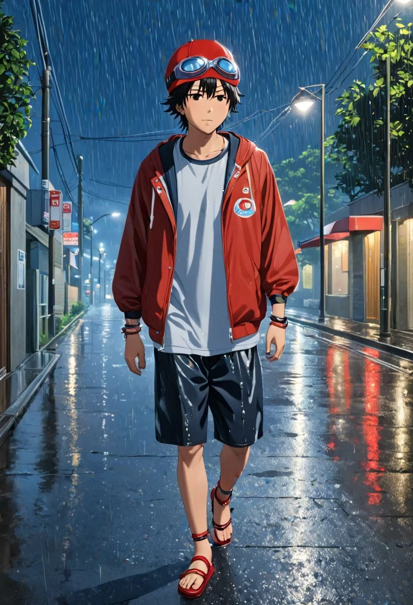 Highres, Masterpiece, High Quality, 4K, Yuusuke Fujisaki, 1boy, solo, black hair, walking, sidewalk, outdoor, night, dark, street lights, road, heavy rain, soaking wet, realistic lights, red hat, goggles, bracelet, anklet