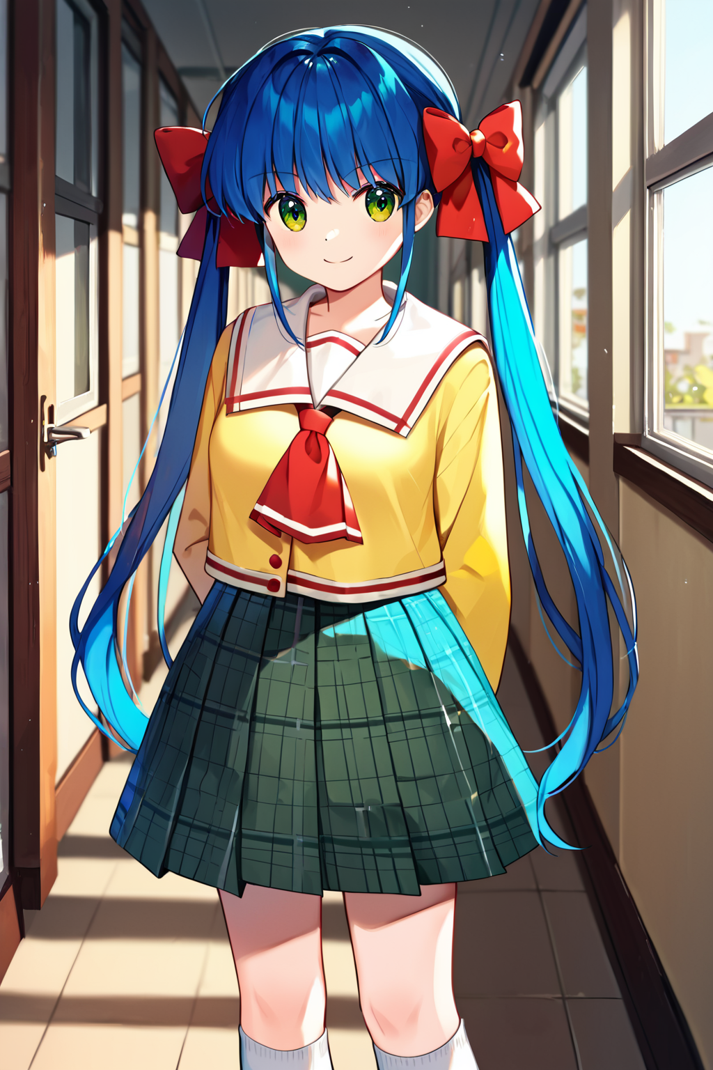 score_9, score_8_up, score_7_up, score_6_up, rating_safe, source_anime, best quality, masterpiece, detailed background, detailed eyes, school hallway, cowboy shot, white kneehighs, <lora:nanase-rumi-xl-02:1.2>, nanase rumi, blue hair, green eyes, long twintails, medium breasts, red_hair_bows, yellow school uniform, plaid dark green skirt, smile, hands behind back
