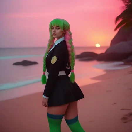 cinematic photo full body portrait 1girl, ass, demon slayer uniform, green thighhighs, green eyes, breasts, multicolored pink long hair, mole, on a beach, sunset <lora:MitsuriKanroji1024:0.8> . 35mm photograph, film, bokeh, professional, 4k, highly detailed