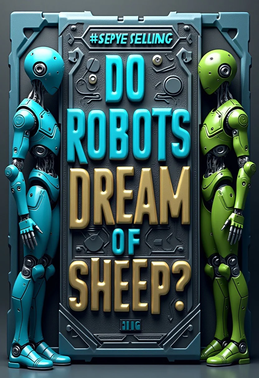 An eye-catching, best-selling sci-fi book cover with a stunning 3D design, featuring the title 'Do Robots Dream of Sheep?' in bold, large letters. On the right edge of the cover stands a green humanoid robot, while on the left edge, a blue humanoid robot is positioned, both with intricate mechanical details. The background of the cover has a mesmerizing moiré pattern effect, adding depth and a futuristic feel. The overall look is visually striking, combining elements of advanced technology and sleek design, making it appear as the ultimate sci-fi book cover.