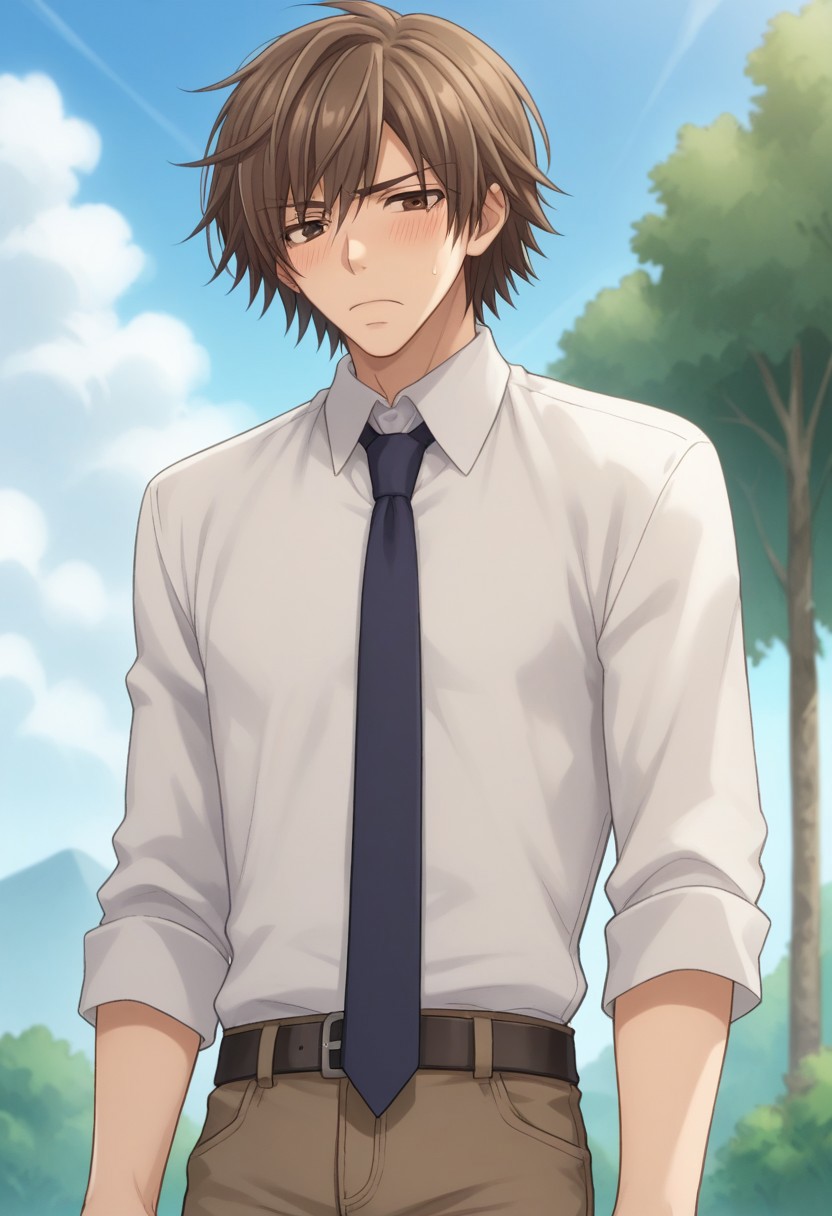 score_9, score_8_up, score_7_up, source_anime, highly detailed, 
hiroki, 1boy, male focus, brown hair, solo, necktie, brown eyes, shirt, day, sky, outdoors, white shirt, embarassed, pants,