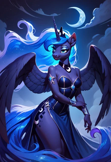 score_9, score_8_up, score_7_up, score_6_up, realistic illustration, Princess Luna \(mlp\), anthro, curvy, beautiful girl , moon royal regalia, long glowing galaxy hair, blue silky dress, glowing, (blue glowing night theme:1.3), big pegasus wings, tail, horn, cold expression, blue clouds