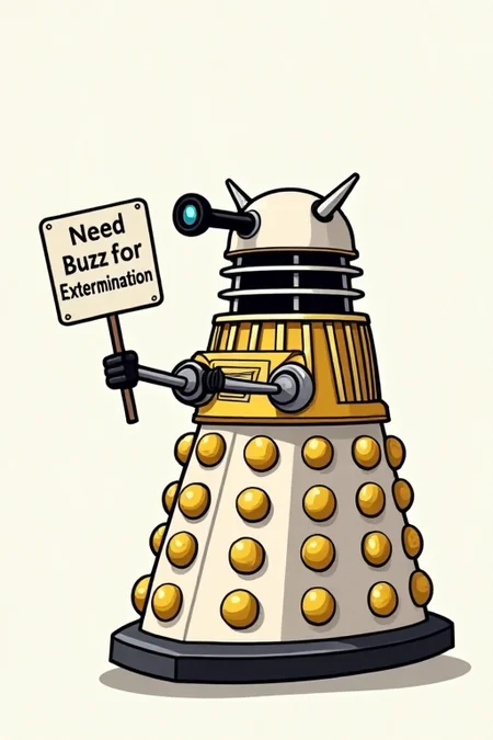 (Cartoon Style | Simple Background) White and Gold Dalek with a sign saying "Need Buzz for Extermination"