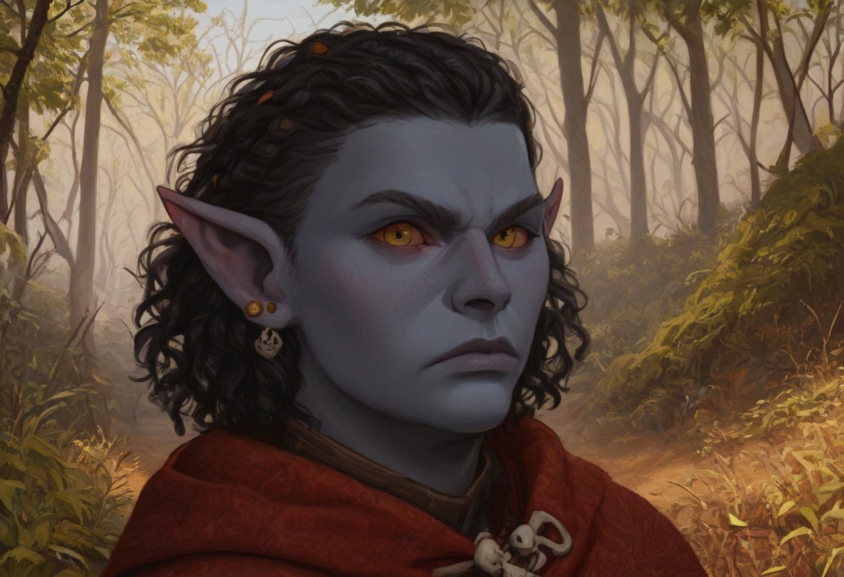 solo, short pointy ears, full body, piercings, random elf face, aquiline features, male dark elf, masculine, facial hair, brow rings, beaded piercings, weathered skin, blue-grey skin, chiseled features, large nose, insect chitin armor, insect chitin helmet, insect chitin ornaments, stylized insect pattern, athletic build,  animated realism, zoomed out, Syrian features, torso, yurts, tents, native camp, elegant berber tapestries, dead desert trees, ash dunes, distant volcano, ashy soil, grey green foliage, distant grey hills, sunrise, gloomy lighting, grey fabric awnings, dark wood posts, light dust clouds, grey-blue skin, mahogany and ivory clothes, medium armor, bone plate armor, ivory straps and fittings, alien bone ornaments, grey wood neckguard, red sclera, black pupils, blue-green light, neon, highly detailed, defined features, looking at viewer, three quarters view, from side, dynamic lighting, 29 years old, light and shadows, patterned cloth, annoyed expression, expressive eyes, detailed medieval clothes, short hair, wavy hair, thick hair, beaded hair, braided hair, under cut hair, semirealistic, alien elf, spanish features, jewish features, black hair, dark red hair, umber skin, sharp features, pastel green inuit print cloak, nighttime, high detail, absurdres, pretty eyes, detailed eyes, yellow eyes,