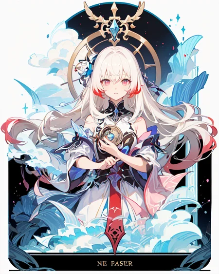 ((masterpiece)), ((high detail)), 1girl, ((ultra-detailed)),((delicate face)), Beautiful detailed eyes, (White blonde hair in gradations with red highlights,gradient hair),long hair, floating hair, ,hairs between eyes, GSHead,1girl ,solo,red eyes,genshin_impact,look at the viewer, <lora:gsr:0.7>,, ((white background)), (Tarot cards border, outside border), ,<lora:tachi-e:1>,Wide Angle shot, strong light and shadow, cinematographic lens,((Floating and flying in the sky,with cotton-like clouds)),((pink cloud surround)) ,<lora:tachi-e:1:XYZ>