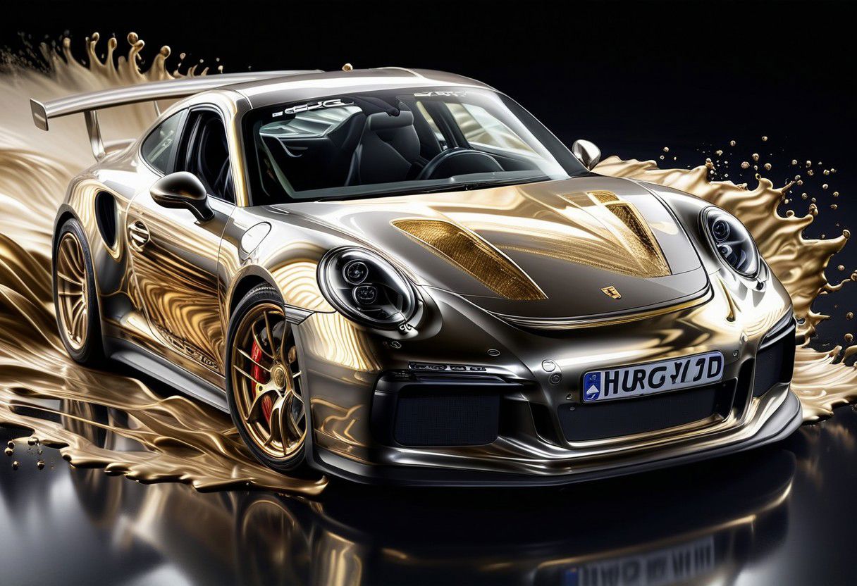 GOLD LIQUID METAL Porsche 911 GTS racing through SILVER LIQUID METAL, liquid metal sprays up from the cars tyres, Car drifting in a black void, wording above the car says "DICE"