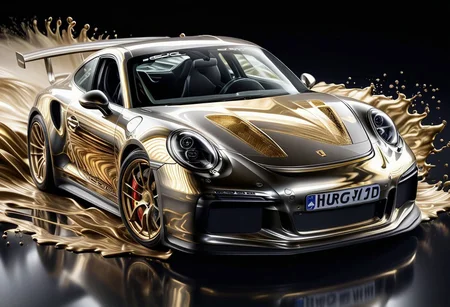 GOLD LIQUID METAL Porsche 911 GTS racing through SILVER LIQUID METAL, liquid metal sprays up from the cars tyres, Car drifting in a black void, wording above the car says "DICE"