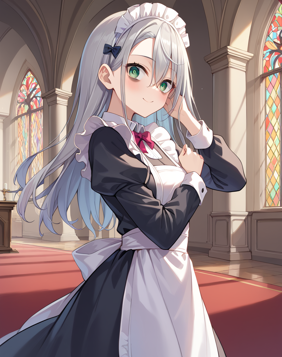 rene_yuusha, grey hair, long hair, green eyes, maid headdress, maid, apron, dress, black dress,  long sleeves, maid apron, bags under eyes  BREAK indoor, medieval, royal palace interior  BREAK shy pose, looking at viewer, embarassed face, smile, cowboy shot, from side, looking at side, adjusting hair BREAK score_9, score_8_up, score_7_up, source_anime ,zPDXL, perfect hand, <lora:Rene-000017:0.8>