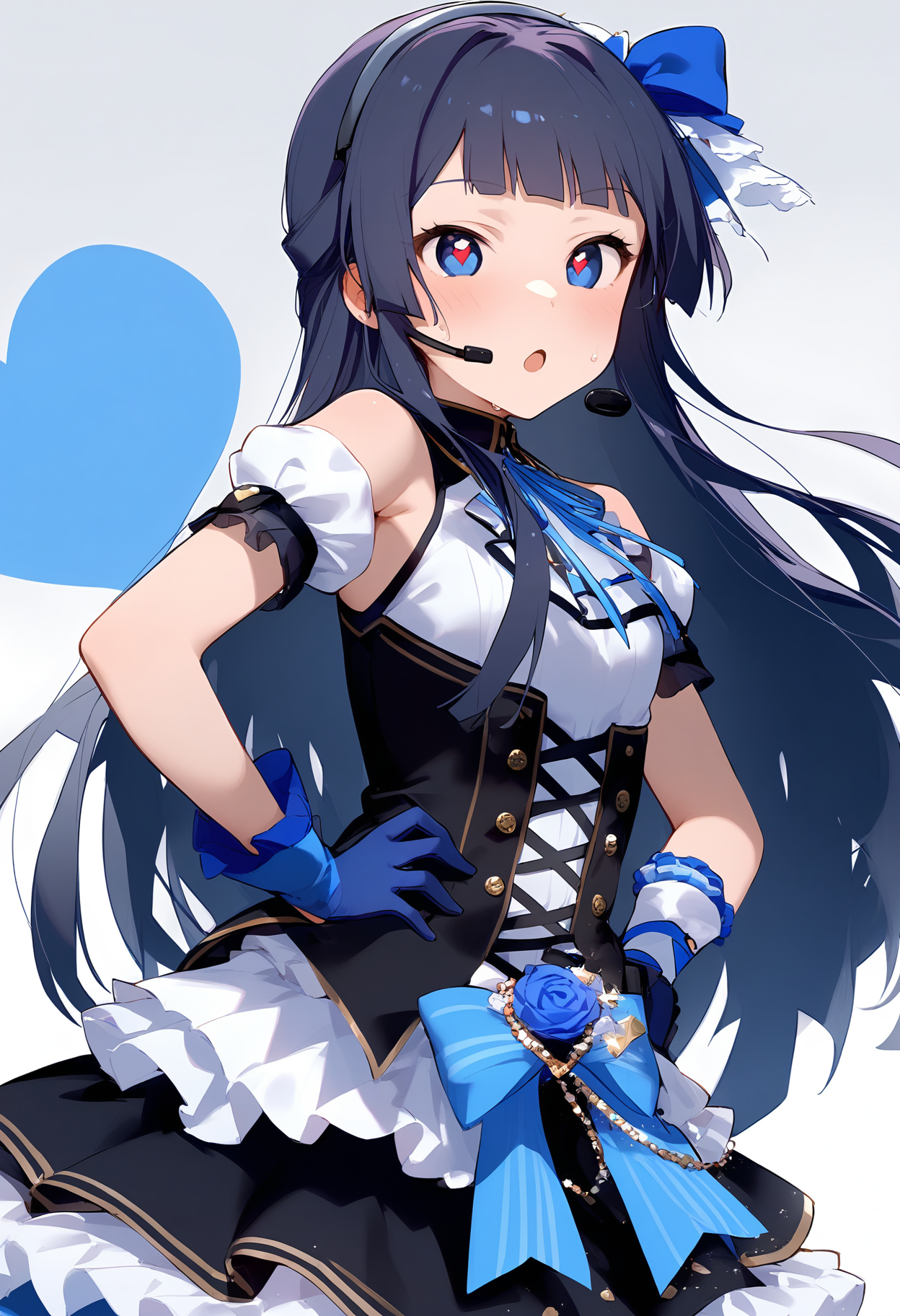 1girl,
mogami shizuka,


solo, black dress, bow, bare shoulders, headset, blue eyes, heart-shaped pupils, standing, frilled sleeves, small breasts, ribbon, frilled dress, white background, cowboy shot, breasts, idol clothes, heart, half gloves, :o, short sleeves, blue bow, hands on own hips, open mouth, dress, neck ribbon, blush, symbol-shaped pupils, blunt bangs, long hair, blue ribbon, sidelocks, very long hair, hair bow, sweat, frills, gloves, blue hair, detached sleeves, collared dress, idol, blue gloves, simple background,

sfw
<lora:a31_char_new_mogami_shizuka-000022:1> <lora:a31_style_koni-000010:0.8>