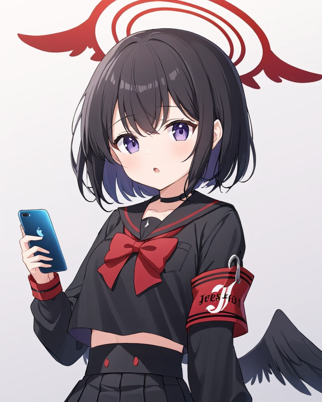 mashiro \(blue archive\),1girl, solo, holding_phone, halo, armband, black_skirt, looking_at_viewer, black_serafuku, pleated_skirt, long_sleeves, smartphone, open_mouth, black_shirt, red_bowtie, black_sailor_collar, cowboy_shot, black_wings, arm_behind_back, hand_up, gradient_background, gradient, white_border, feathered_wings, :o, low_wings, two-tone_background
<lora:mashiro_(blue_archive)_image575_2023-11-28-000015:1>halo. gorgeous,key visual, vibrant, studio anime,award-winning, professional, highly detailed,high budget, cinemascope
