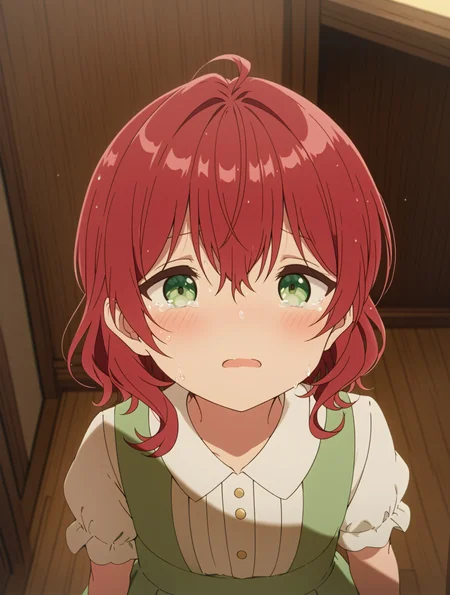 masterpiece, best quality,
1girl,solo,
<lora:dahlia.sdxl.v2:0.9> dahlia, red hair, green eyes,
child, white shirt, green dress,
sad crying, tears, looking up, from above,
indoors, pov,