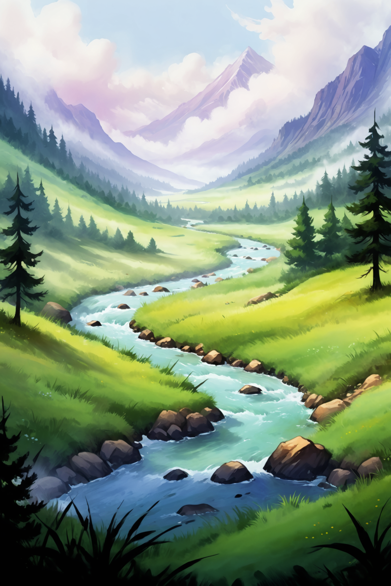 <lora:Retro_Illustration:1> 2d game scene, oil and watercolor painting <lora:MinimalLandscapeXL:0.8> drawing of a minimalist landscape, river, meadow, mist, clouds, mountain, tree, forest, (masterpiece:1.2), best quality