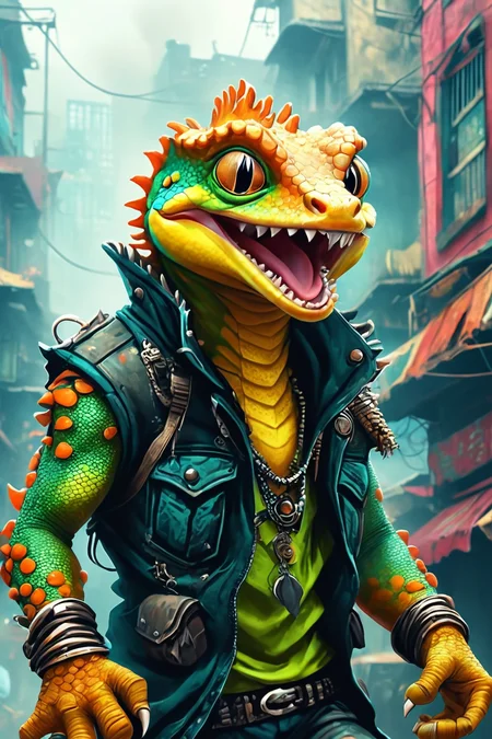 Detailed digital illustration of an anthro Gecko (Laughing openly, genuine happiness) at a Dystopian cityscape with perpetual smog, <lora:xl_more_art-full_v1:0.5>,  <lora:anthro_muscular:0.7>,  <lora:MJ52:0.6>, <lora:madpunk:0.4> madpunk