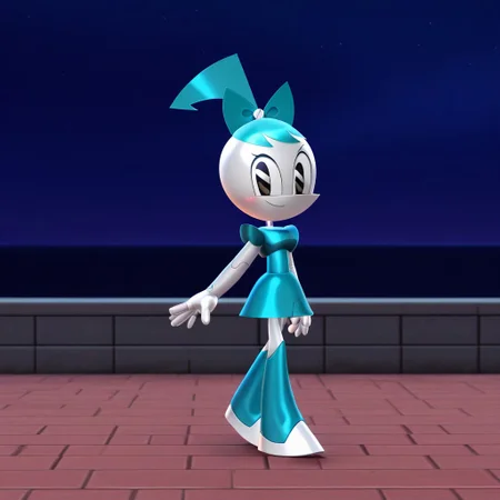 score_10, score_9_up, score_8_up, score_7_up, score_6_up, nasbdress, jenny wakeman, 1girl, solo, 3d, render, metallic, white skin, robot, robot joints, blue hair, black eyes, ponytail, hair bow, blue dress, blue knee high boots, full body, cowboy shot, smirk, closed mouth, walking, night, outdoors, brick ground 