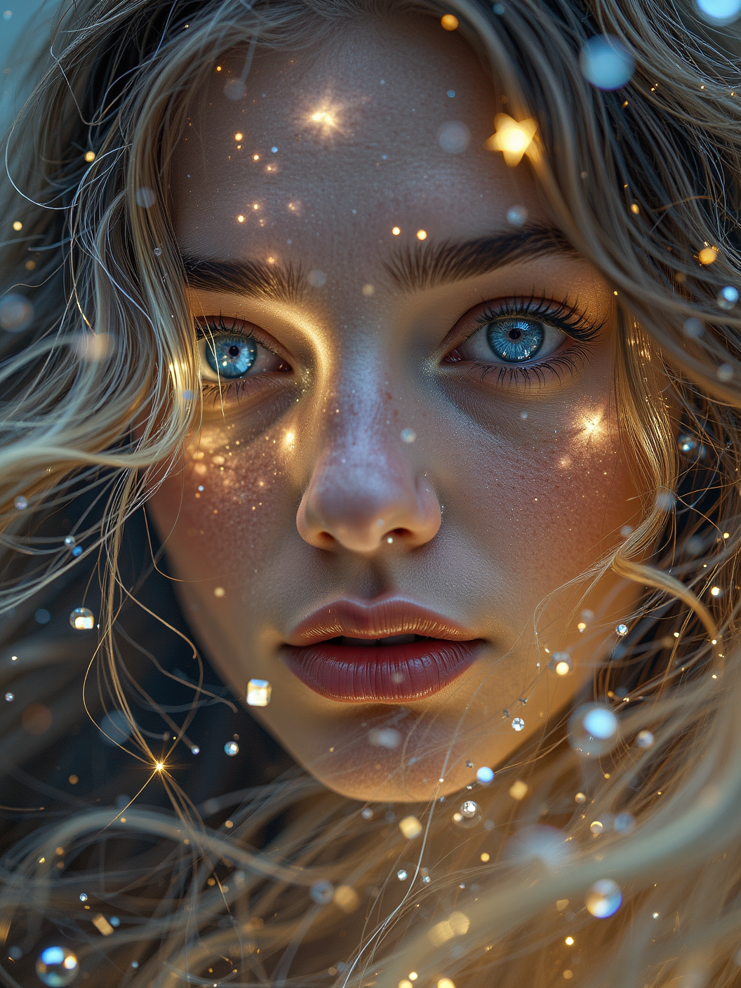 Surreal star princess closeup, her features partially blending into the surrounding cosmos, star crystals orbiting her in irregular, dreamlike patterns. The crystals glow with strange, shifting colors, casting ethereal light across her face. Her hair, made of flowing stardust, drifts into the nebula-filled background, creating a mesmerizing and abstract effect, blending the boundaries of reality and dream.
