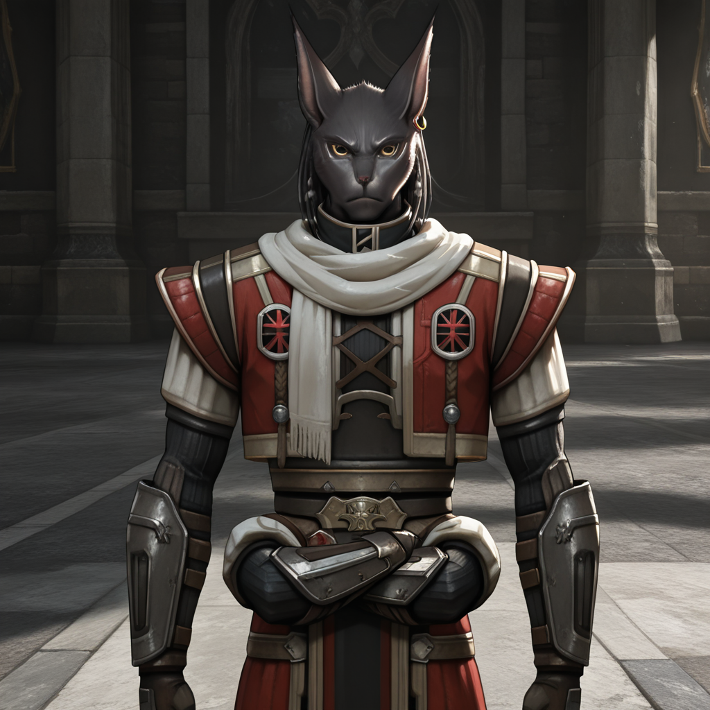 masterpiece, best quality, ultra-detailed, absurdres BREAK TorgalLR, Four arms,1boy, solo, male focus, dark gray fur, furry, feline, armored coat, braided hair, golden eyes, red armor, arm bracers, animal ears, white scarf, earring, arms at side, upper body, serious <lora:Torgal_The_Last_Remnant:1>