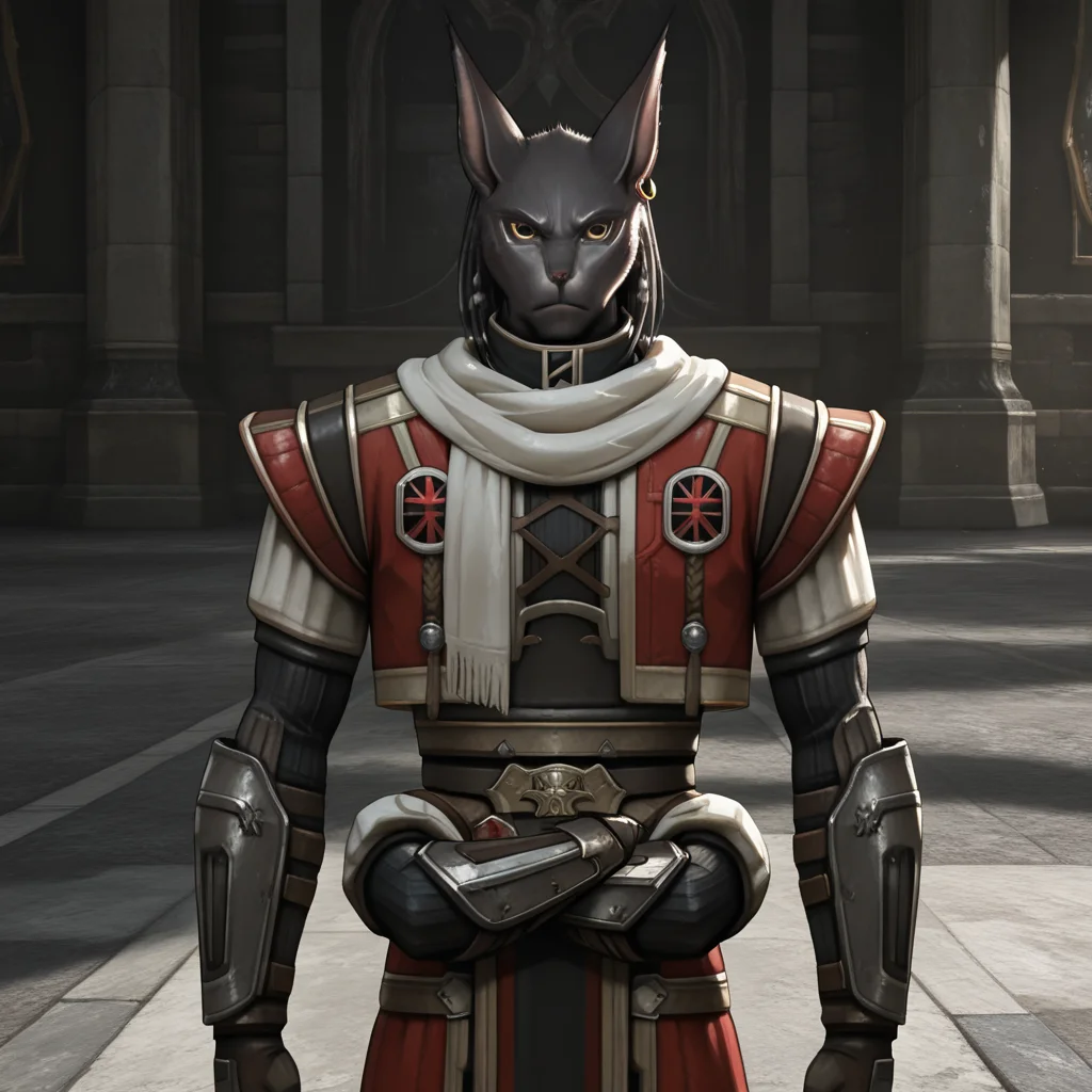 masterpiece, best quality, ultra-detailed, absurdres BREAK TorgalLR, Four arms,1boy, solo, male focus, dark gray fur, furry, feline, armored coat, braided hair, golden eyes, red armor, arm bracers, animal ears, white scarf, earring, arms at side, upper body, serious <lora:Torgal_The_Last_Remnant:1>