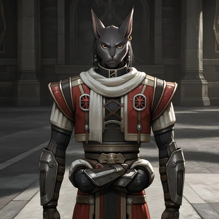 masterpiece, best quality, ultra-detailed, absurdres BREAK TorgalLR, Four arms,1boy, solo, male focus, dark gray fur, furry, feline, armored coat, braided hair, golden eyes, red armor, arm bracers, animal ears, white scarf, earring, arms at side, upper body, serious <lora:Torgal_The_Last_Remnant:1>
