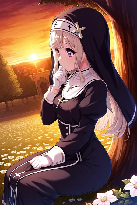 masterpiece, best quality, amazing quality,
<lora:Kurumi_IL:1> kurumi, 1girl, nun, solo, long hair, purple eyes, habit, flower, tree, white gloves, dress, long sleeves, sitting, gloves, cross, black dress, sunset, hair ornament
