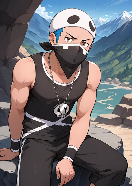 <lora:Team_Skull_Grunt_IL:0.98> 1boy, solo, male focus, team_skull_male_grunt, black tank top, short hair, black capri pants, chain necklace, skull necklace, black wristband, muscular, blue hair, brown eyes, pose, looking at viewer, sitting on rock, mountain, mouth mask, covered mouth, cowboy shot, white beanie