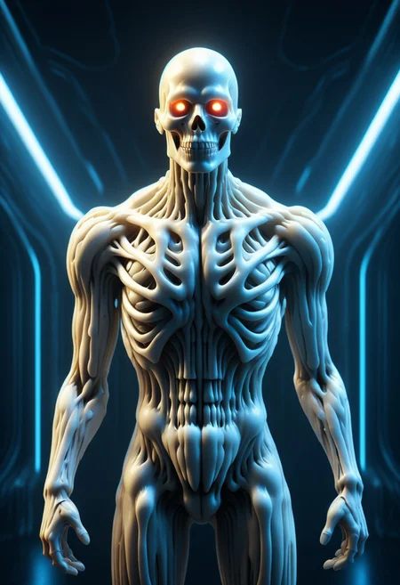 Ultra-detailed cyborg in a spaceship, with anthropomorphic cybernetic skeleton elements on metal armor, neon lights reflections, reflection mapping, intricate design and details, dramatic lighting, hyperrealism, photorealistic, cinematic, 8k --ar 9:16 --v 5