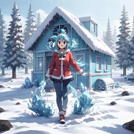 best quality, highres, high resolution, score_9, score_8_up, score_7_up, score_6_up, score_5_up, score_4_up, 1 female, aqua is wearing Santa outfit, her outfit is made of snow crystals, (Aqua_(Konosuba):1), fr0stwrld, snow, ice, <lora:Fr0stWrld-v10:1.2> , <lora:Aqua Pony:1> ,full body, front yard of a house in snow forest, snow background, standing , anime pose, trickster face