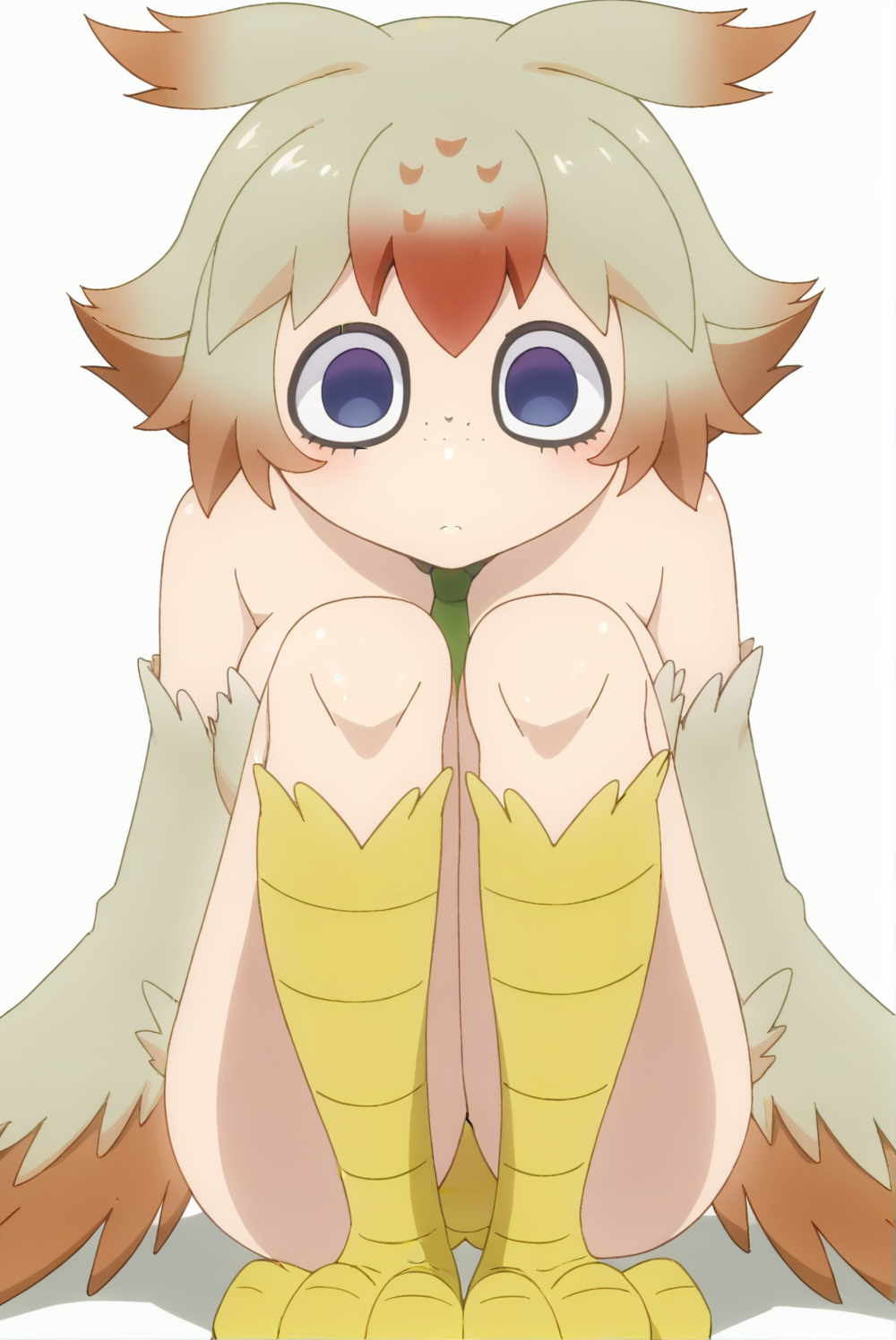 <lora:MimiroV3:0.8>,white background,  Mimiro, 1girl, solo, harpy, bird legs, sitting,
