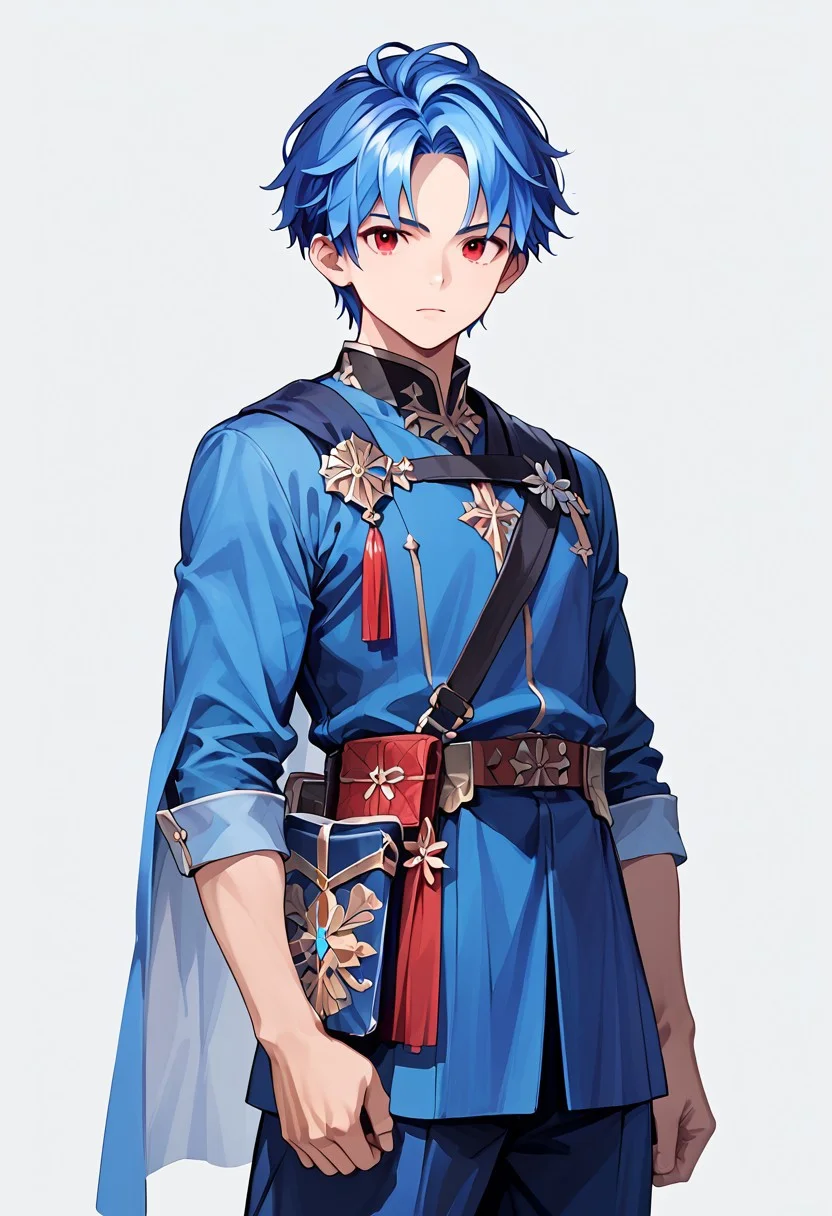 score_9, score_8_up, score_7_up, score_6_up, masterpiece, best quality, 1boy, Alain, blue hair ,red eyes, parted bangs,