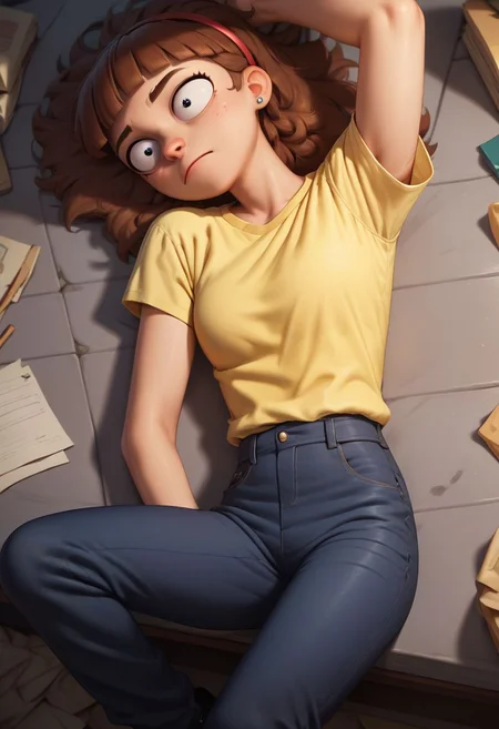 score_9, score_8_up, score_7_up, score_6_up, score_5_up, score_4_up, 1girl, morticiasmith, brown hair, hairband, yellow shirt, blue pants,