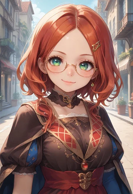 score_9, score_8_up, score_7_up, score_6_up, source_anime, best quality, masterpiece, ultradetailed, ultrahires, 1girl, solo, leodv, short intricate hair, parted bangs, perfect eyes, glasses, brown dress, short puffy sleeves, red skirt, blue gloves, elbow gloves, blue thighhighs, big breasts, looking at you, cape, smile, blue sky, victorian architecture, town, smile, upper body, Mycelia, rainbow colored hair, candy hairclip, round glasses, green eyes, freckles, petite, striking visuals, vivid color, wadufuk1