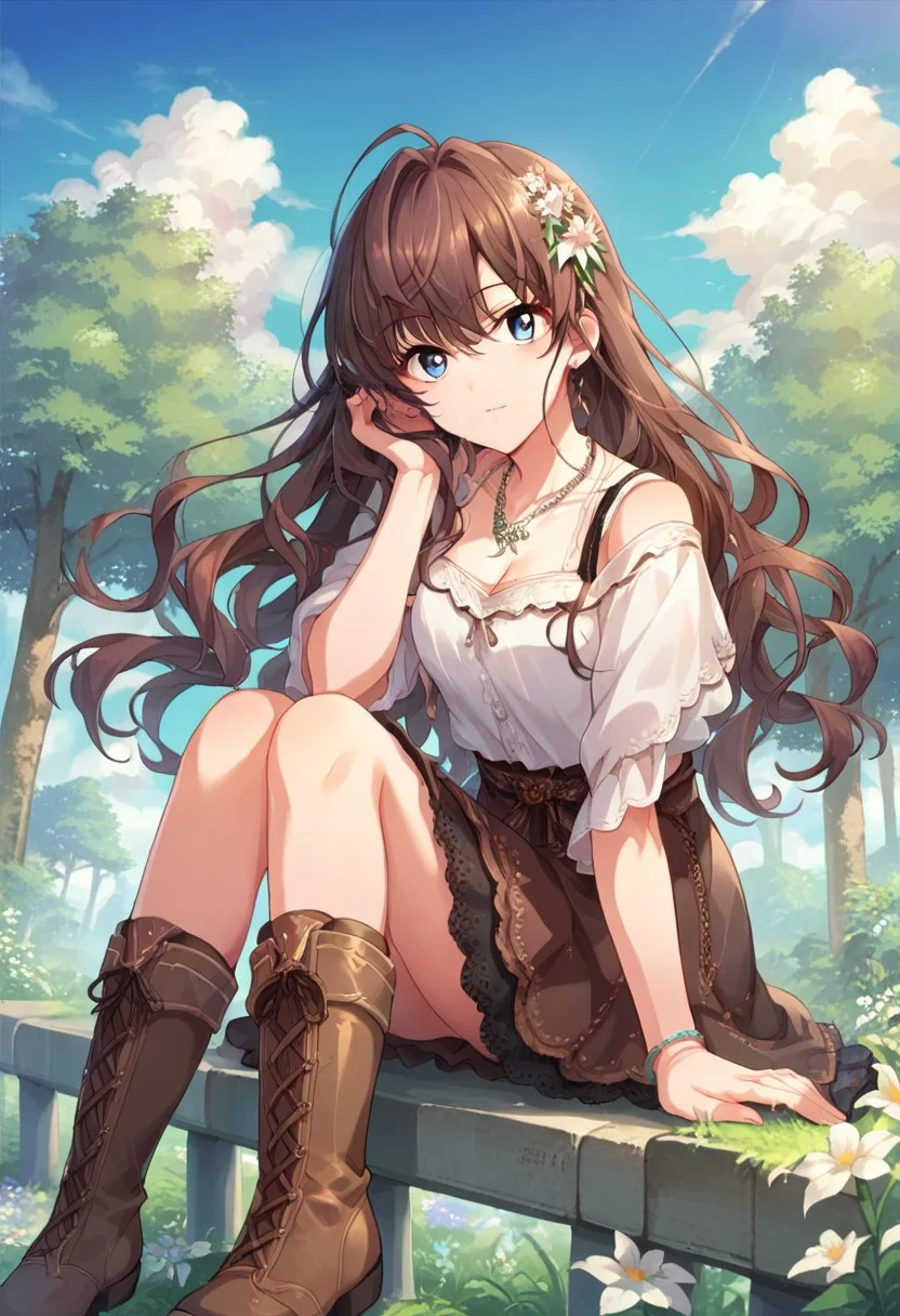 score_9, score_8_up, score_7_up, source_anime,ichinose shiki, long hair, brown hair, blue eyes, 1girl, solo, flower, outdoors, tree, looking at viewer, sky, cloud, necklace, sitting, jewelry, skirt, boots