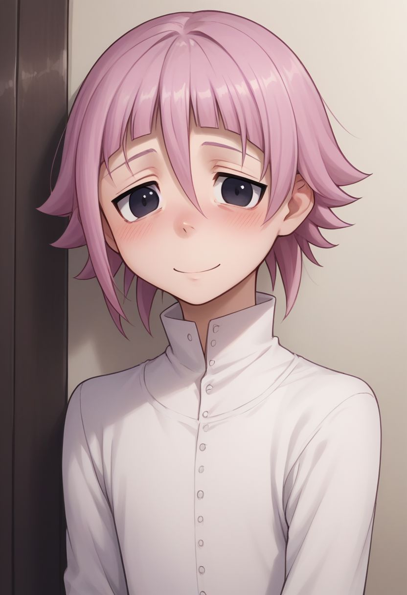 score_9, score_8_up, score_7_up, source_anime, highly detailed, 
crona, 1boy, solo, black eyes, short hair, pink hair, bags under eyes, hair between eyes, long sleeves, white shirt, shirt, dress, black dress, upper body, smile, shy, blush,
indoor,